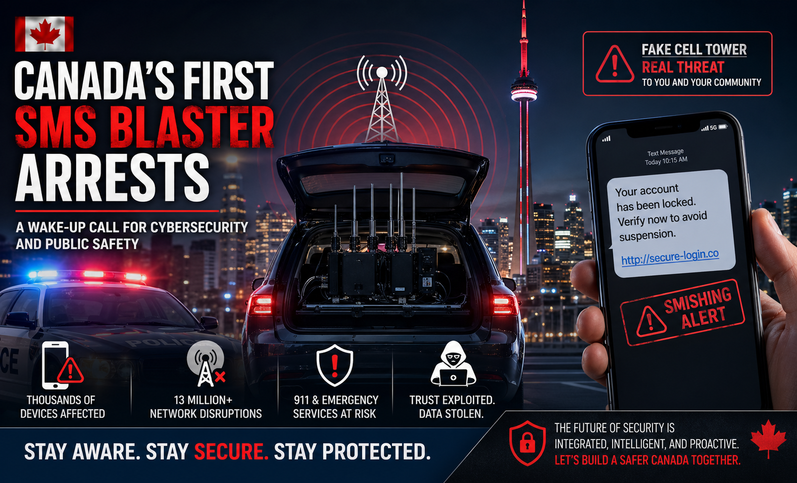 Toronto skyline at night with a vehicle-mounted fake cell tower (SMS blaster) transmitting signals, a smartphone displaying a phishing message, and police presence—illustrating Canada’s first SMS blaster arrests and cybersecurity threat.